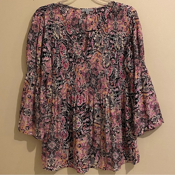 Floral & Ivy Pleated Top Blouse Multicolor Size M 70's Flower Flowy Hippie Boho - Picture 1 of 12